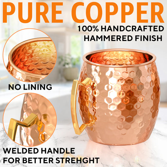 Moscow Mule Copper Mugs - Set of 4 - 100% HANDCRAFTED - Food Safe Pure Solid Copper Mugs - 16 oz Gift Set with BONUS: Highest Quality Cocktail Copper - TorontoHobbyStore