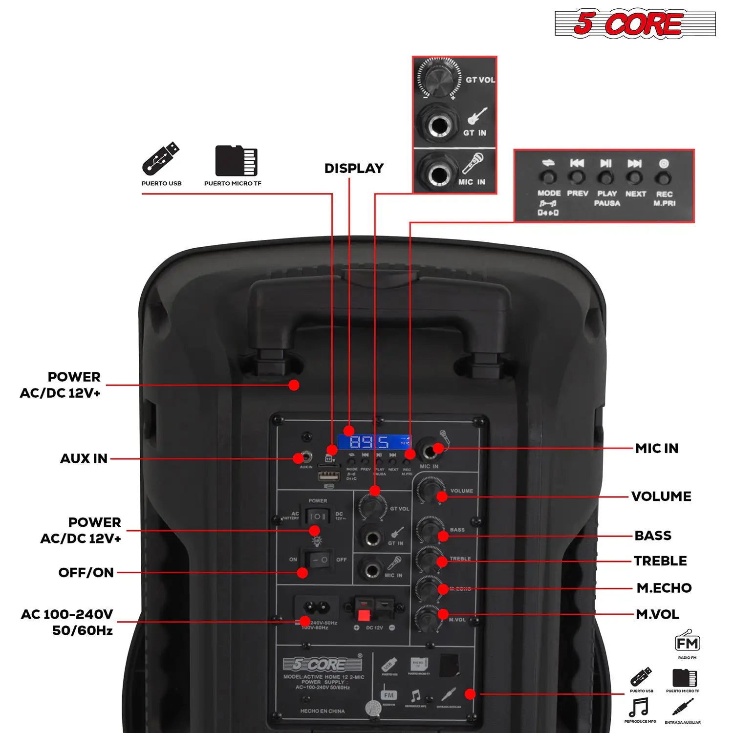 5Core 12 inch PA Portable Bluetooth Party Speaker Karaoke Boombox + 2 Wireless Mics - TorontoHobbyStore