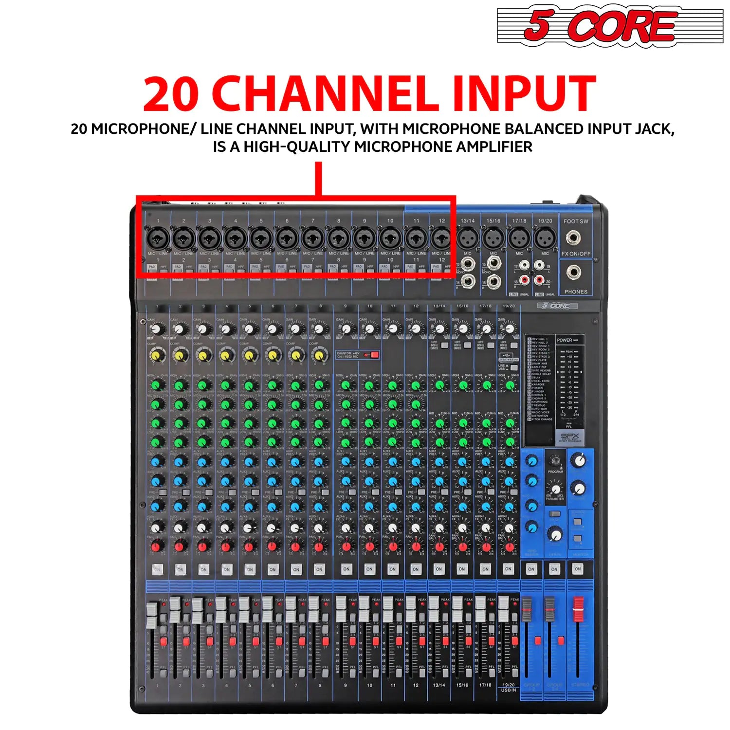 5Core Audio DJ Mixer 20 Channel Sound Board Console w 24 SPX Effect 48V Phantom Power - TorontoHobbyStore