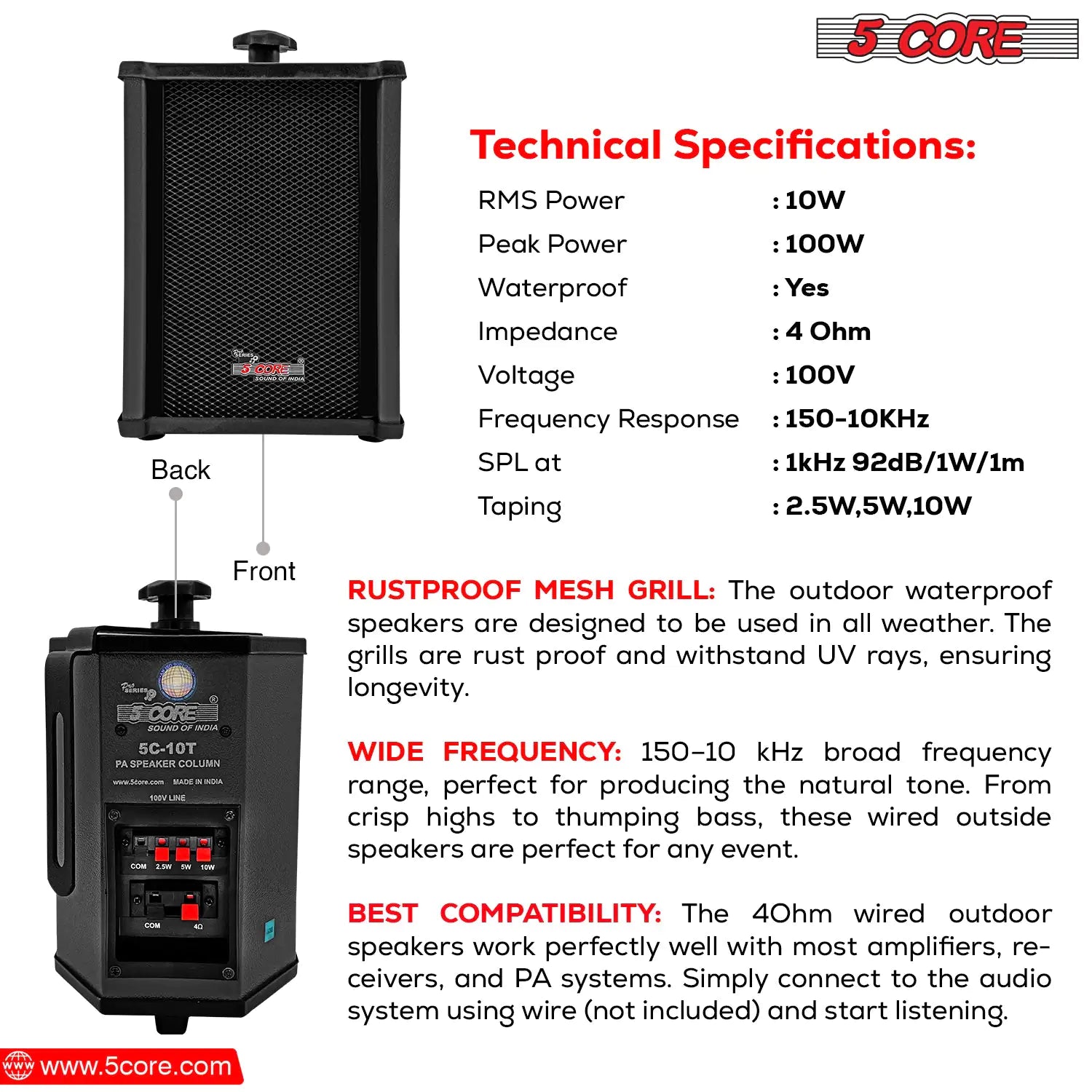 5Core Outdoor Speakers Stereo In Wall 100W Peak Passive Patio Home Wired Waterproof Audio System - TorontoHobbyStore