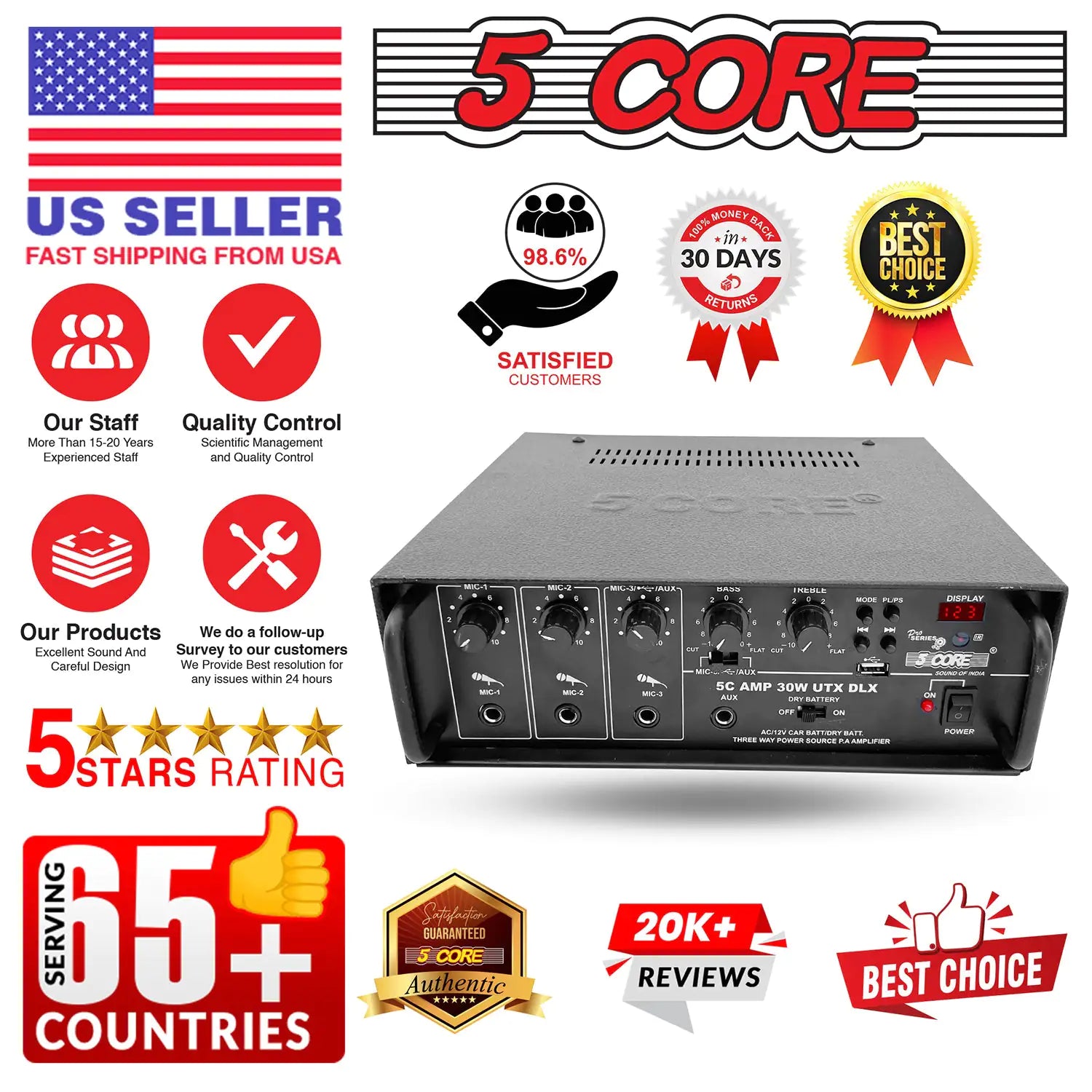 5Core Amplifier Home Audio Stereo Receiver PA Speaker Microphone Surround Sound Amp - TorontoHobbyStore