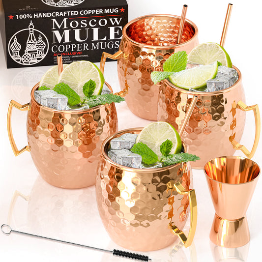 Moscow Mule Copper Mugs - Set of 4 - 100% HANDCRAFTED - Food Safe Pure Solid Copper Mugs - 16 oz Gift Set with BONUS: Highest Quality Cocktail Copper - TorontoHobbyStore