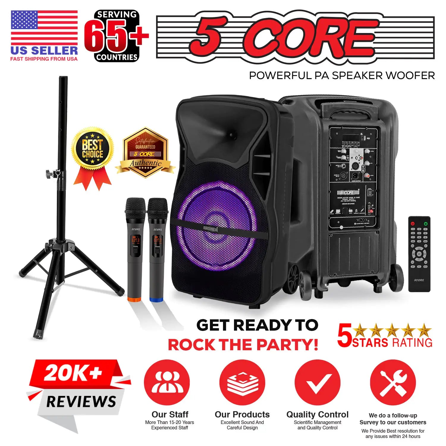 5Core 12 inch PA Portable Bluetooth Party Speaker Karaoke Boombox + 2 Wireless Mics - TorontoHobbyStore