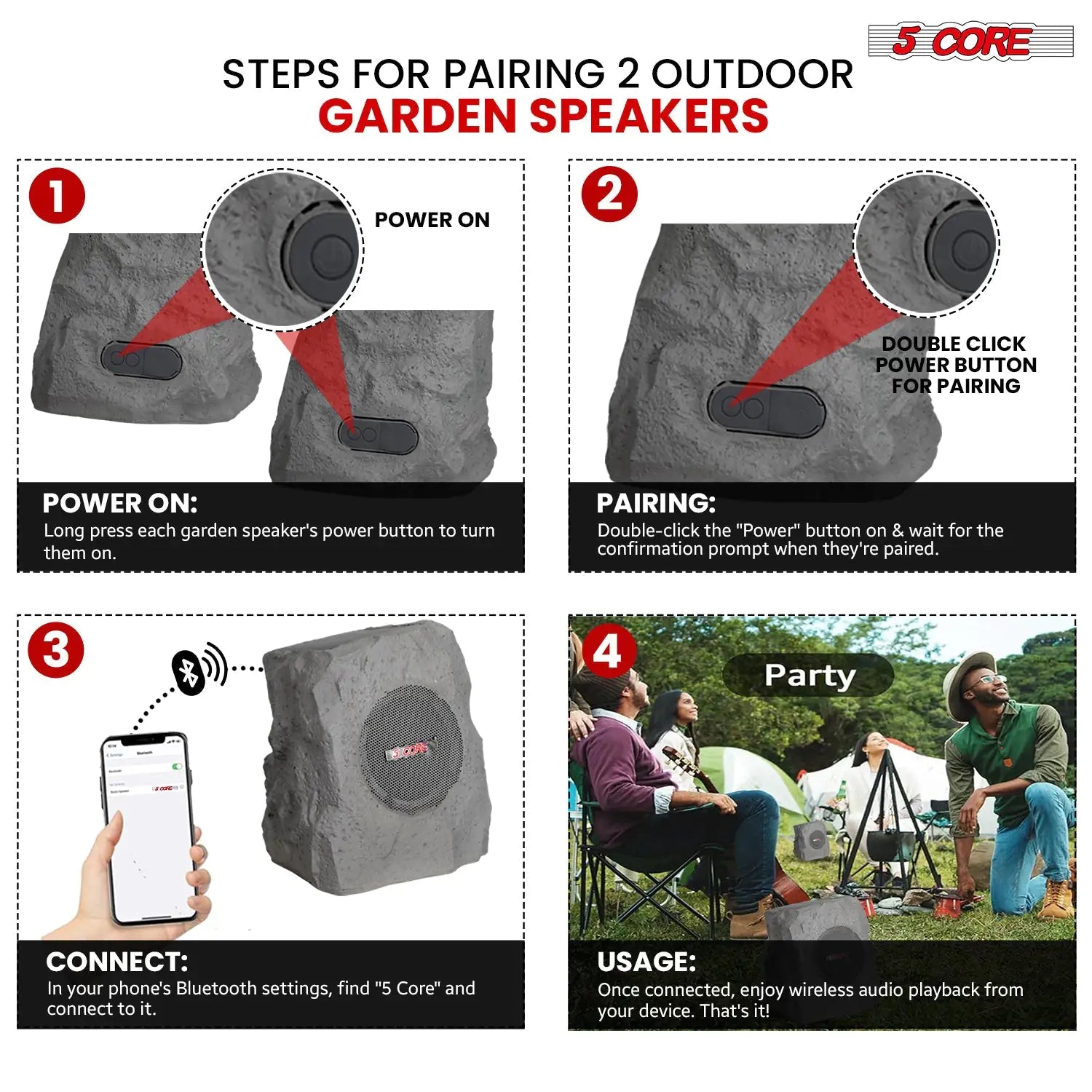 5Core Outdoor Wireless Speakers Bluetooth Rock Waterproof Linkable TWS Garden Speaker - TorontoHobbyStore