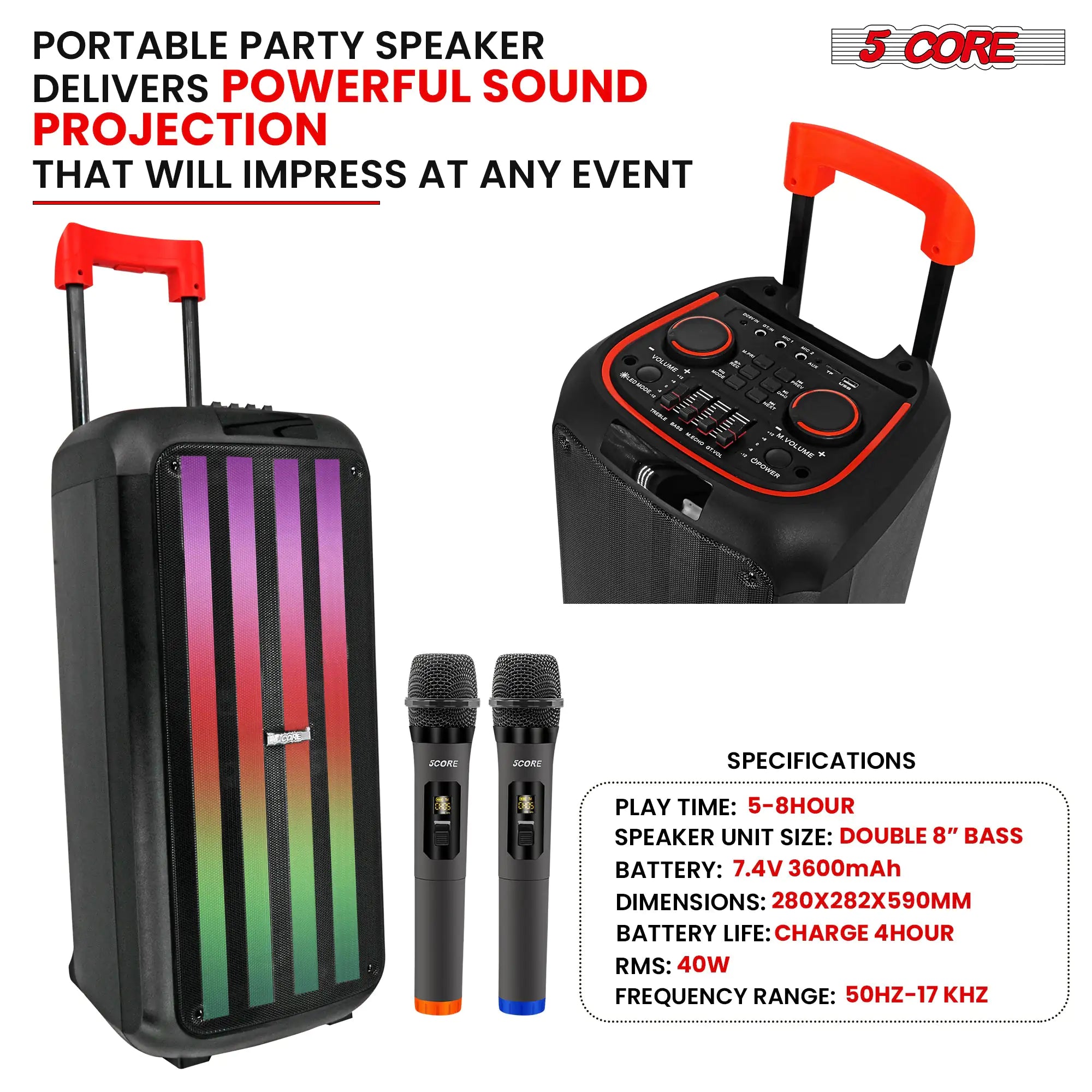 5Core Bluetooth Party Speaker 8 inch PA RGB Partybox Karaoke Machine + 2 Wireless Mic - TorontoHobbyStore