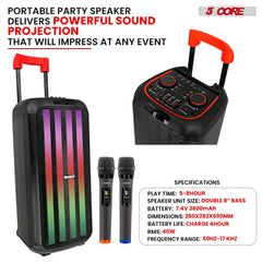 5Core Bluetooth Party Speaker 8 inch PA RGB Partybox Karaoke Machine + 2 Wireless Mic - TorontoHobbyStore