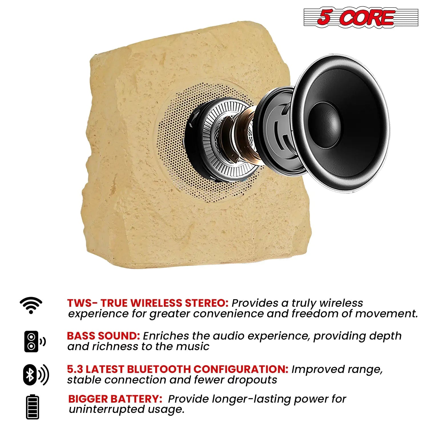 5Core Outdoor Wireless Speakers Bluetooth Rock Waterproof Linkable TWS Garden Speaker - TorontoHobbyStore