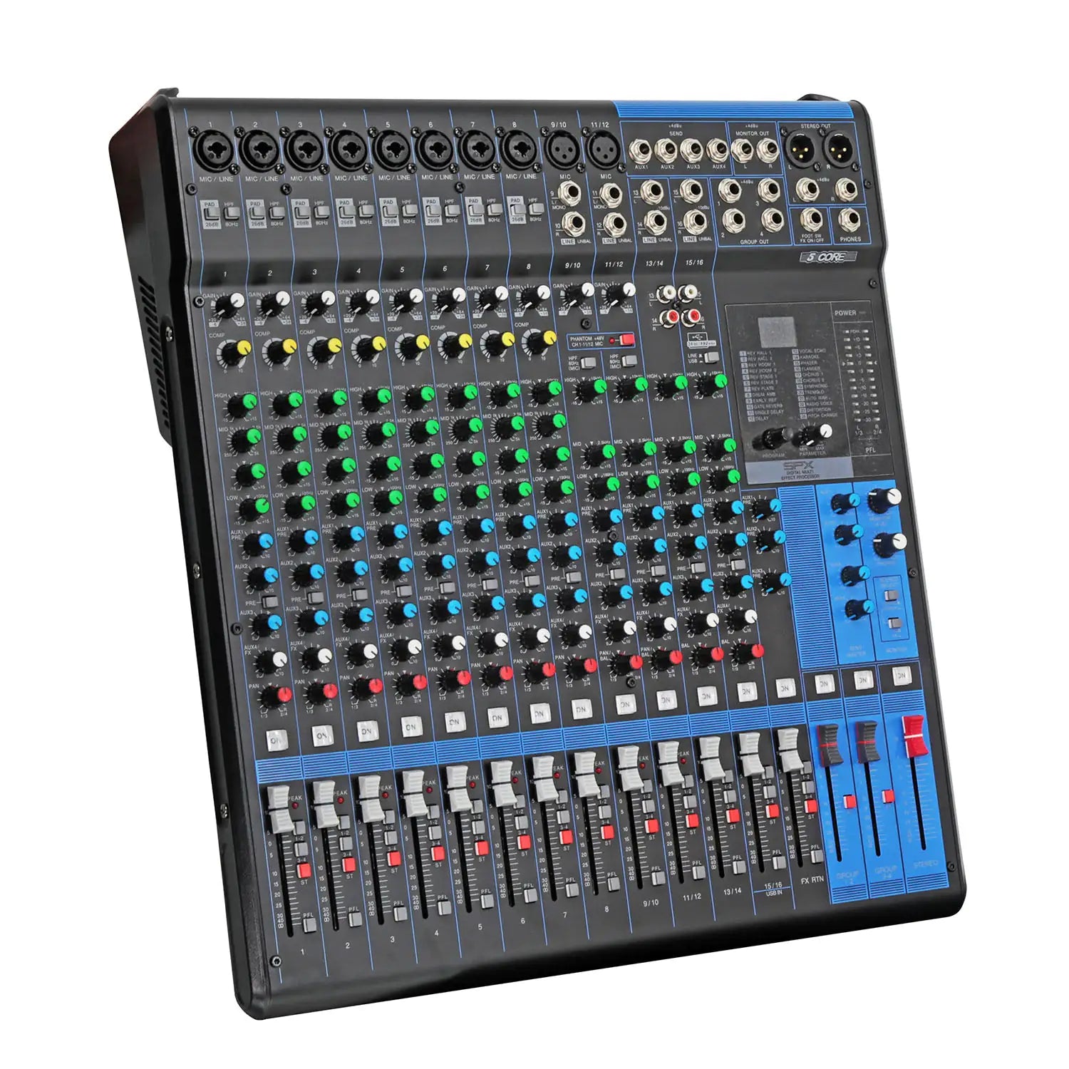 5Core Audio DJ Mixer 16 Channel Sound Board Console w 24 SPX Effect 48V Phantom Powe - TorontoHobbyStore