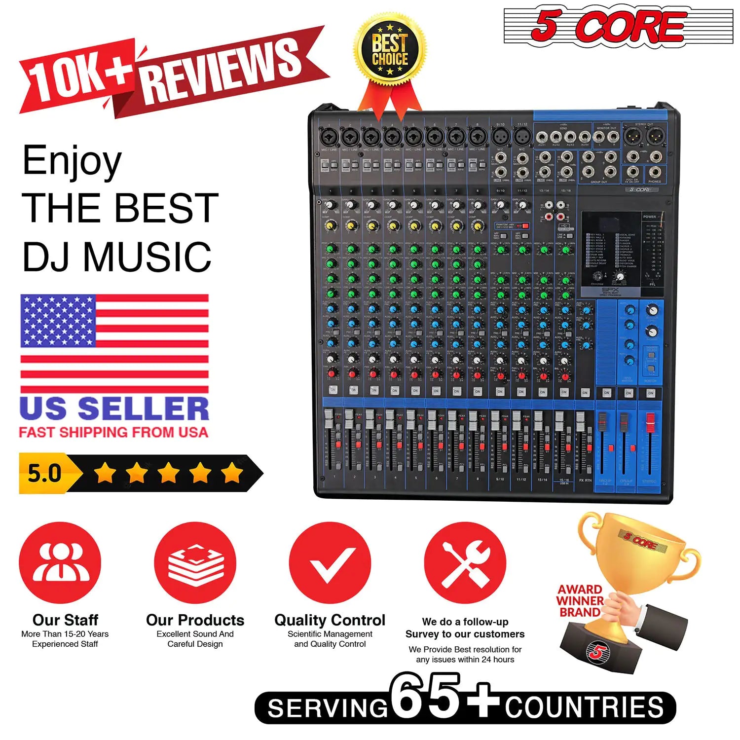 5Core Audio DJ Mixer 16 Channel Sound Board Console w 24 SPX Effect 48V Phantom Powe - TorontoHobbyStore