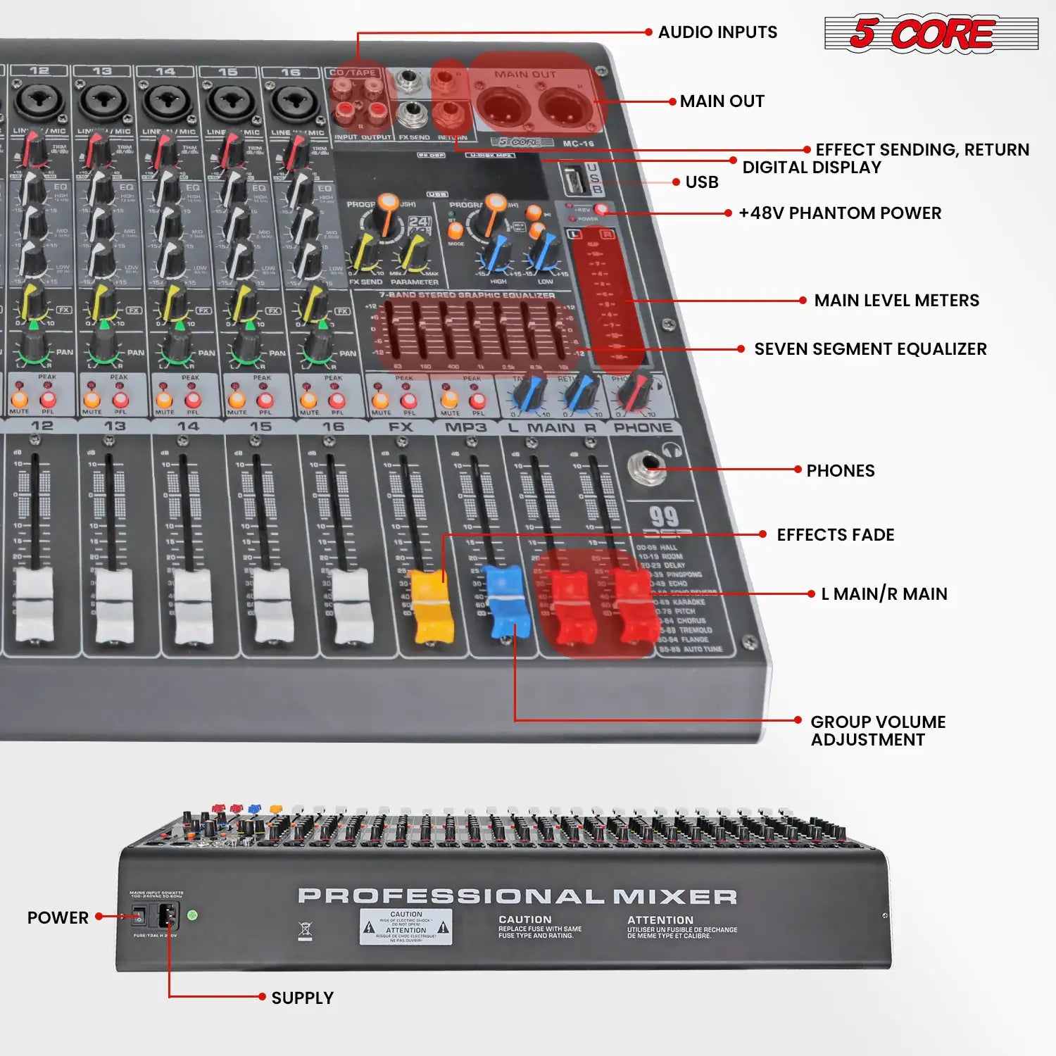 5Core Audio Mixer 16 Channel DJ Mixing Board Bluetooth USB Analog Professional Mezclador De Audio - TorontoHobbyStore