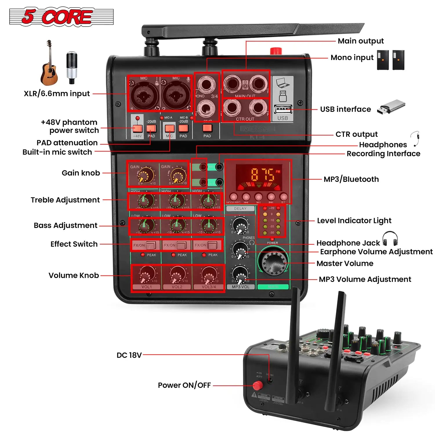 5Core Audio Mixer Sound Board 4 Channel PA DJ Stereo Receiver w Bluetooth USB DJ  PA Karaoke Mixing - TorontoHobbyStore