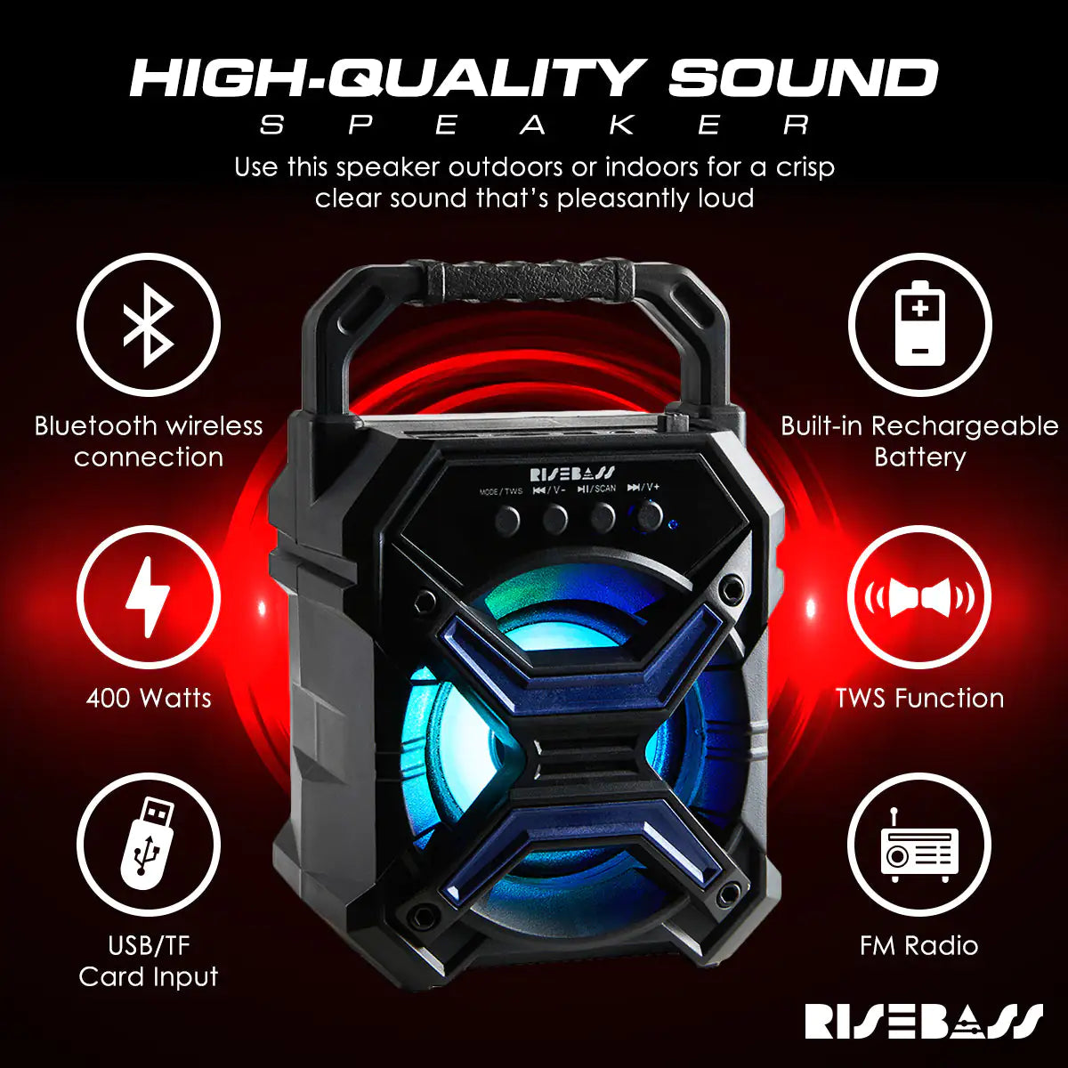 Portable Wireless Bluetooth Speaker with TWS Function - Rechargeable Bluetooth Speaker - 7" 65db Wireless Speaker - TorontoHobbyStore