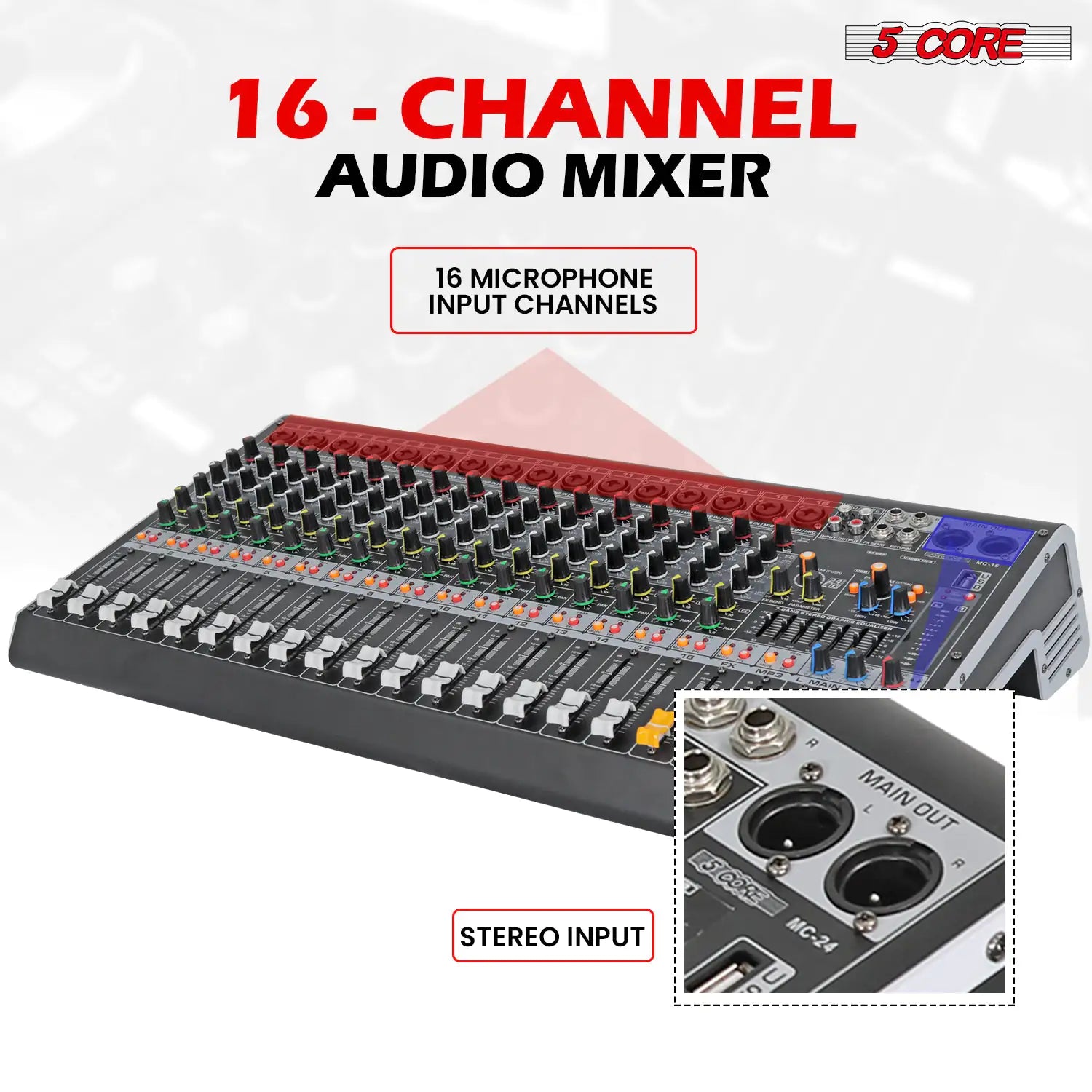 5Core Audio Mixer 16 Channel DJ Mixing Board Bluetooth USB Analog Professional Mezclador De Audio - TorontoHobbyStore