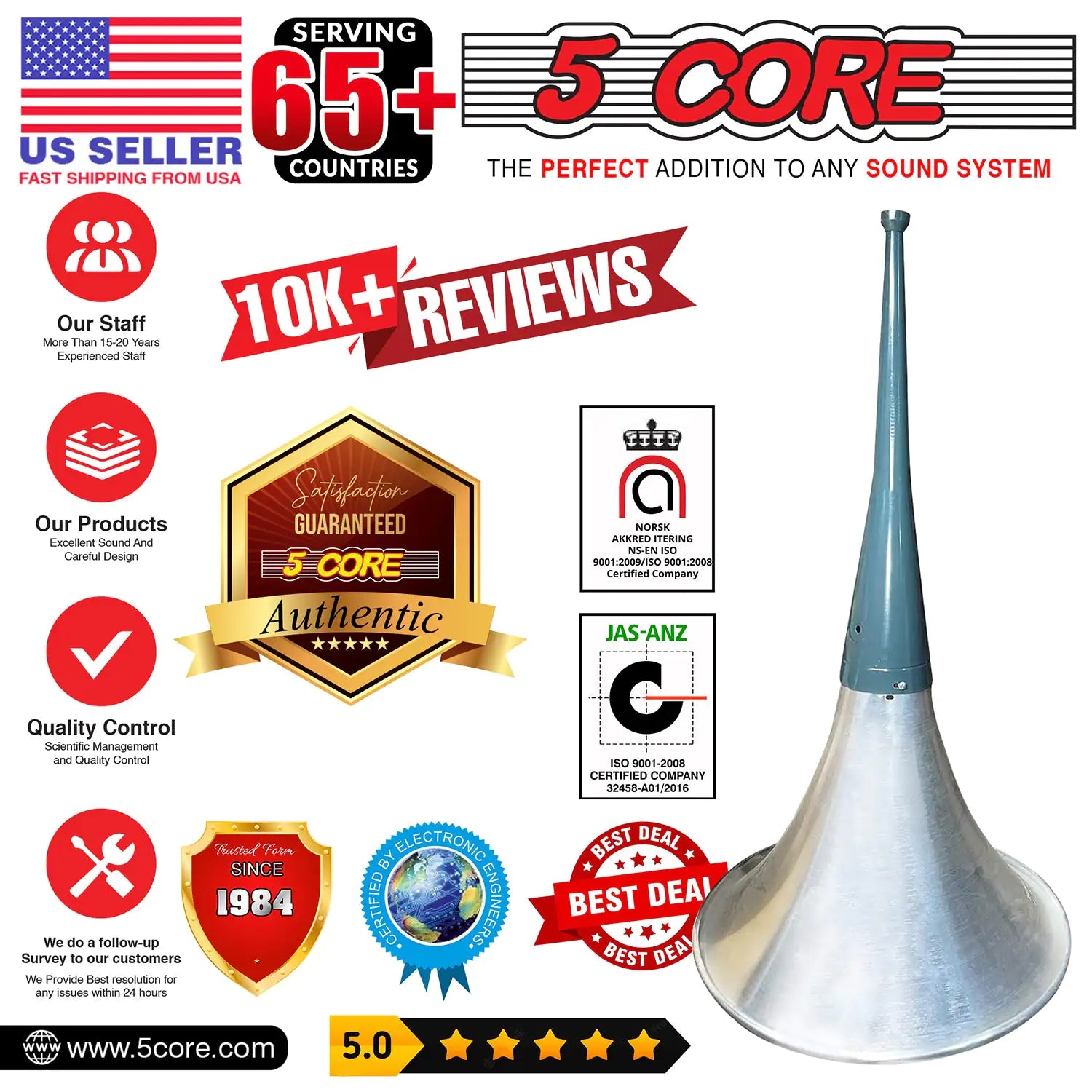 5Core PA Speaker Trumpet Reflex Horn Throat 24" Aluminum Body Support Most Compression Driver - TorontoHobbyStore