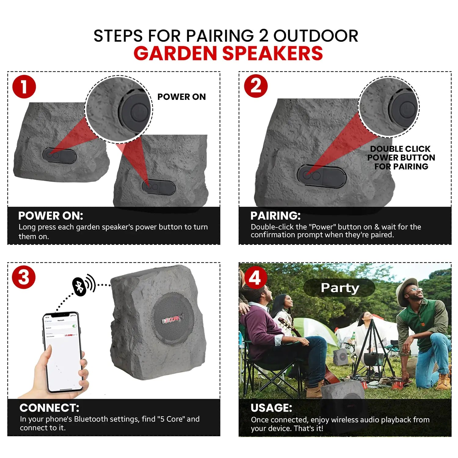 5Core Outdoor Wireless Speakers Bluetooth Rock Waterproof Linkable TWS Garden Speaker - TorontoHobbyStore