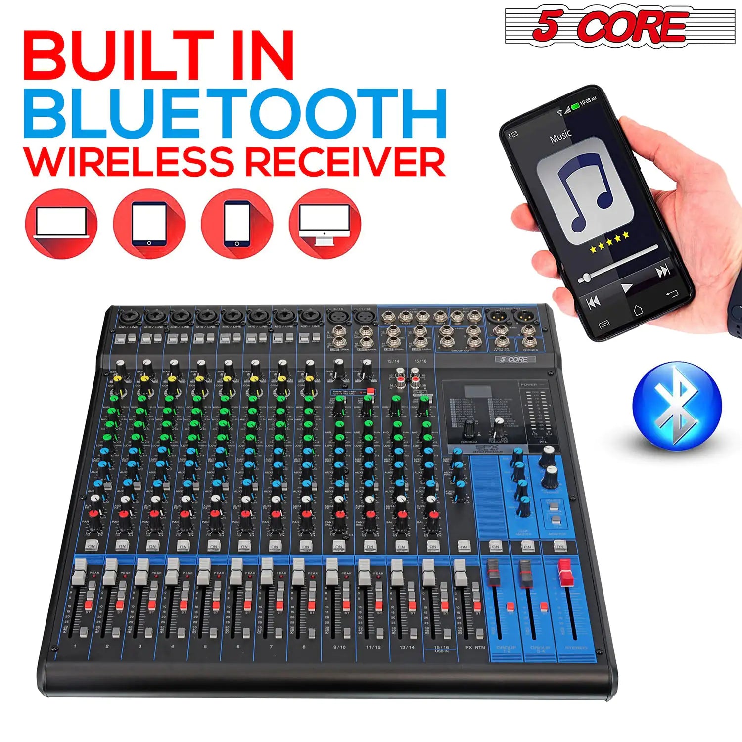 5Core Audio DJ Mixer 16 Channel Sound Board Console w 24 SPX Effect 48V Phantom Powe - TorontoHobbyStore