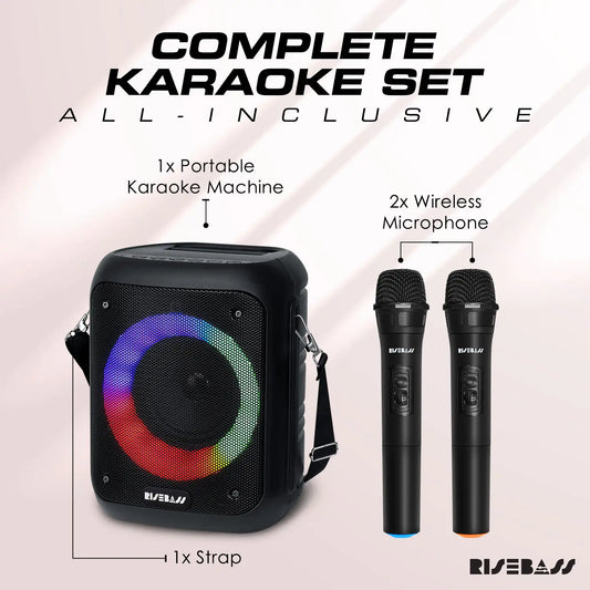 Risebass Portable Karaoke Machine with 2 Wireless Microphones - Bluetooth Rechargeable Speaker with USB/SD/TF Card Support, AUX-in, Tripod Screw Mount and Phone Slot. - TorontoHobbyStore