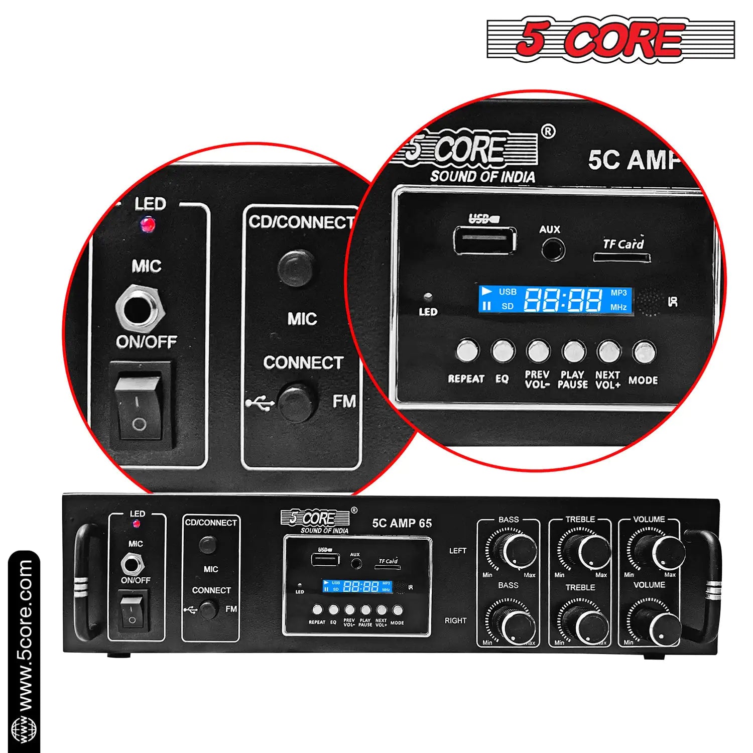 5Core Amplifier Home Audio 65W RMS Stereo Receiver DJ Amp w USB AUX MIC SD Card Input - TorontoHobbyStore