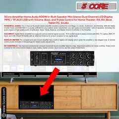 5Core Amplifier Home Audio 65W RMS Stereo Receiver DJ Amp w USB AUX MIC SD Card Input - TorontoHobbyStore
