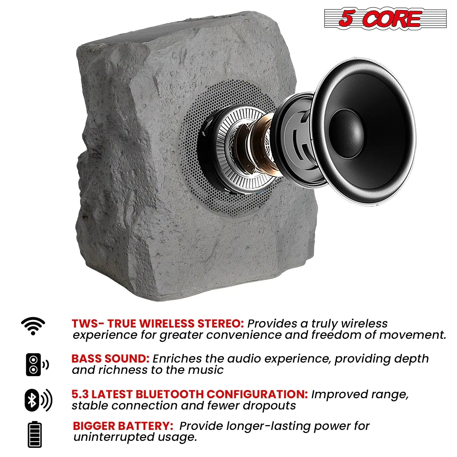 5Core Outdoor Wireless Speakers Bluetooth Rock Waterproof Linkable TWS Garden Speaker - TorontoHobbyStore