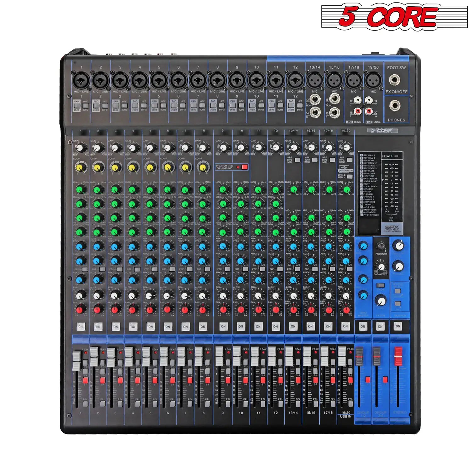 5Core Audio DJ Mixer 20 Channel Sound Board Console w 24 SPX Effect 48V Phantom Power - TorontoHobbyStore