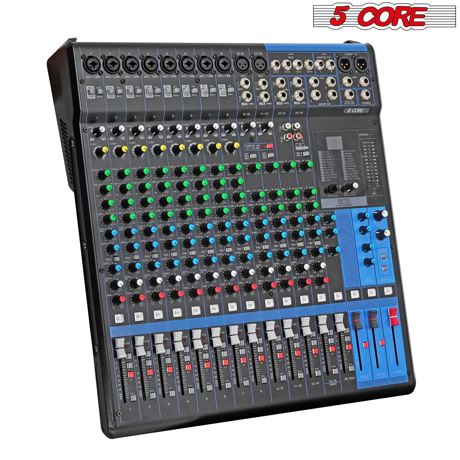 5Core Audio DJ Mixer 16 Channel Sound Board Console w 24 SPX Effect 48V Phantom Powe - TorontoHobbyStore