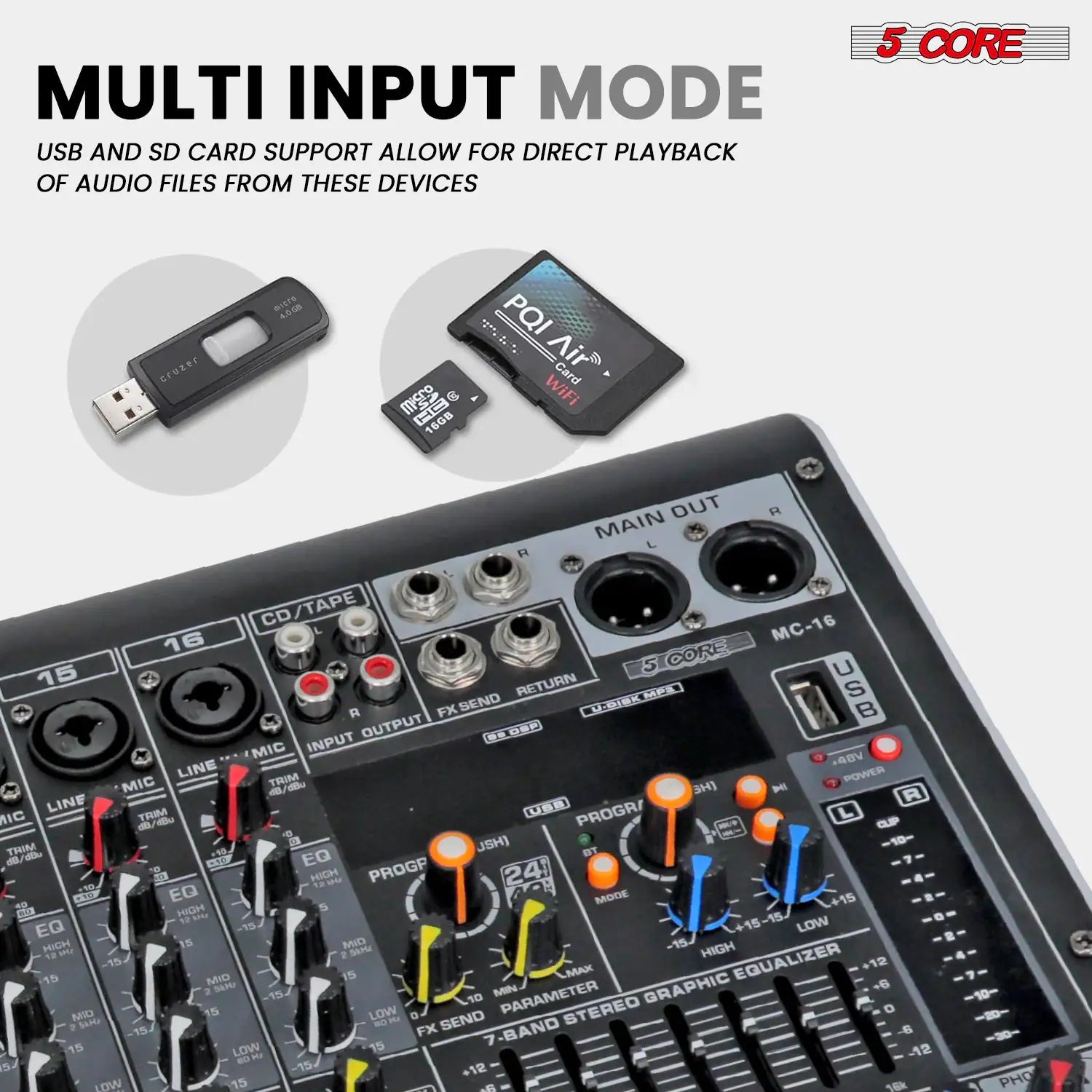 5Core Audio Mixer 16 Channel DJ Mixing Board Bluetooth USB Analog Professional Mezclador De Audio - TorontoHobbyStore