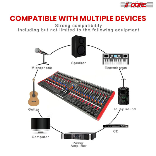 5Core Audio Mixer 24 Channel DJ Mixing Board Bluetooth USB Analog Professional Mezclador De Audio