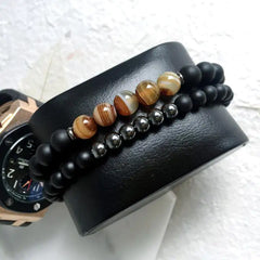 Natural Stone Beaded Black Hematite Mantra Prayer Beads Buddha Double Bracelet